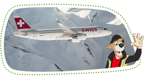 Ein winkender Bernie, im Hintergrund ein weisses SWISS Flugzeug vor einem verschneiten Berg