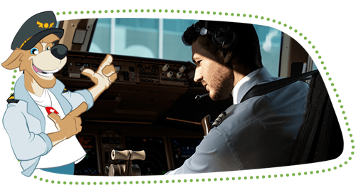 Bernie zeigt einen SWISS-Piloten in einem Flugzeug-Cockpit