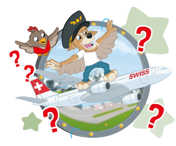 Bernie and Lexi as children in front of a SWISS aircraft