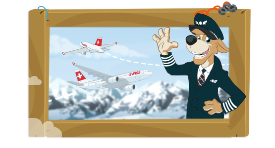 Bernie als Pilot vor einigen SWISS Flugzeugen